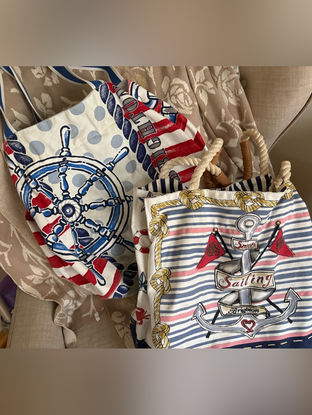 Brighton Canvas Tote Bag 2, Blue, White & Red Nautical